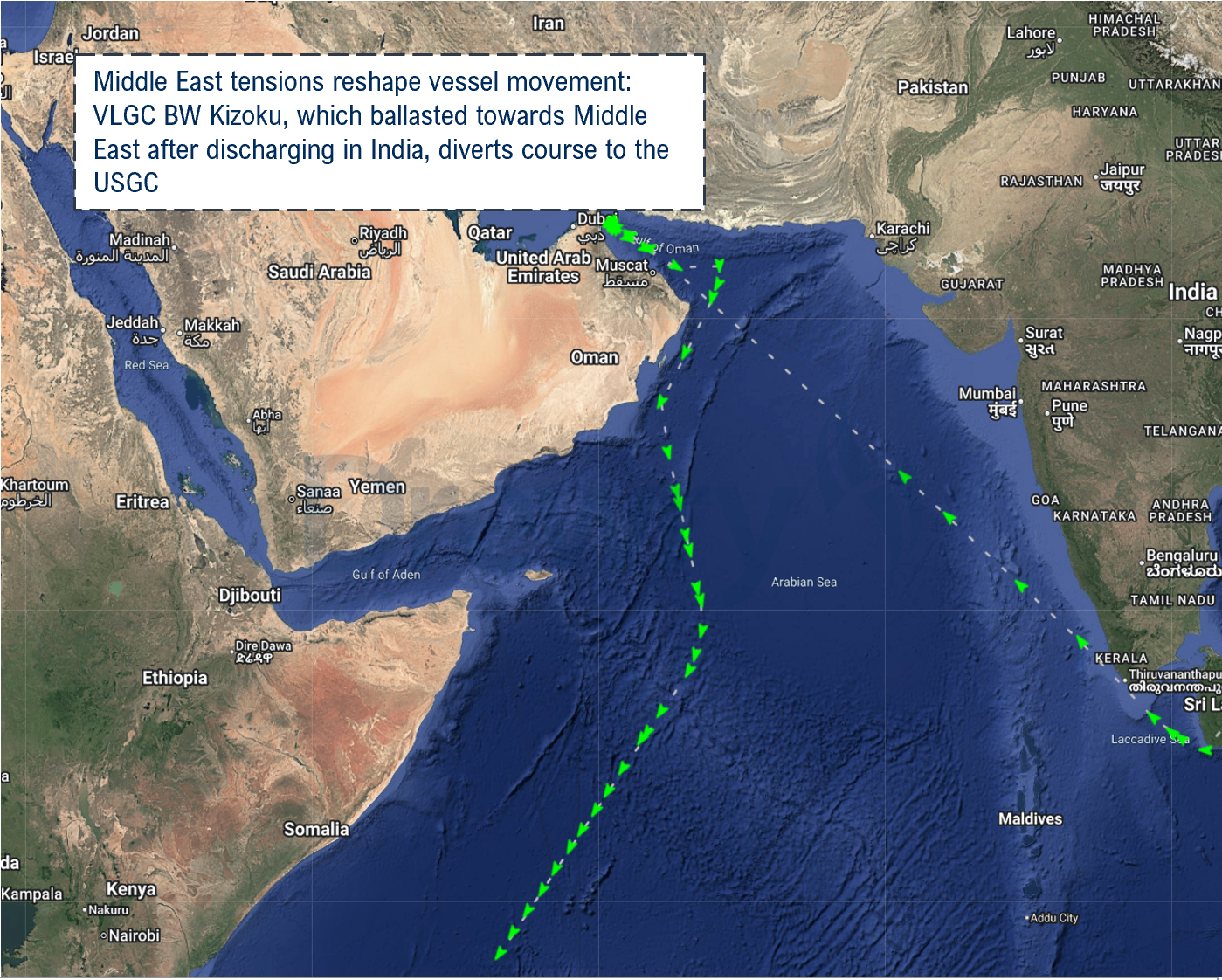 Figure 1: VLGC repositioning following Middle East supply disruption